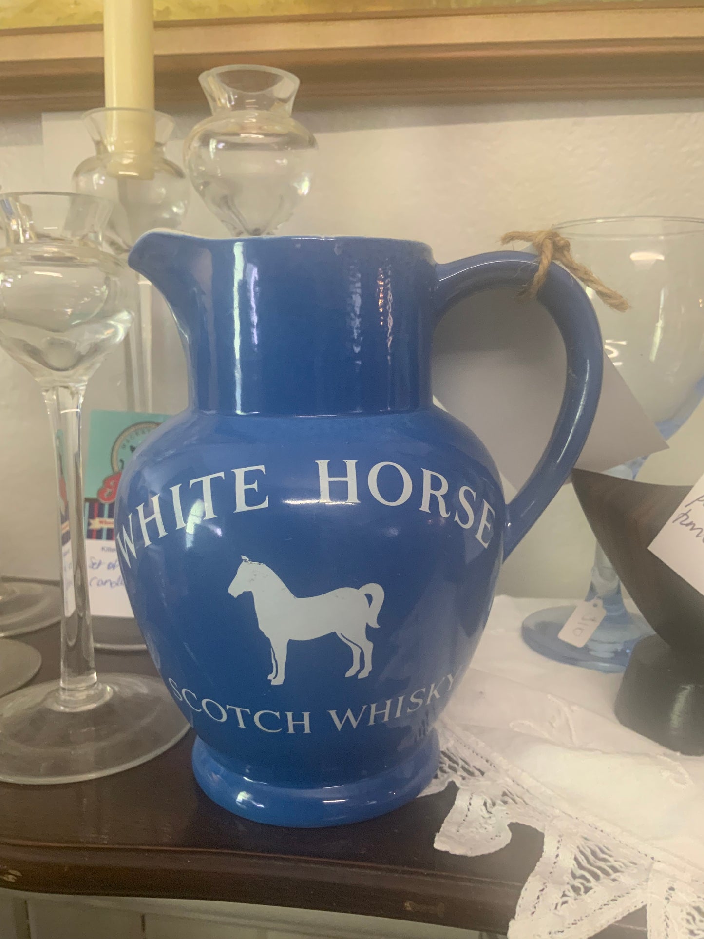 Vintage White Horse Scotch Whiskey Blue Water Jug