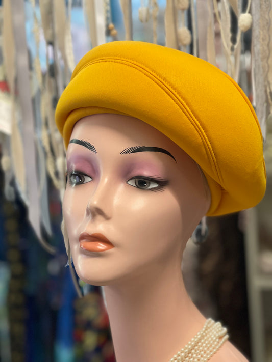 Vintage 1960s bright yellow nylon beret style hat By Mr James of Sydney