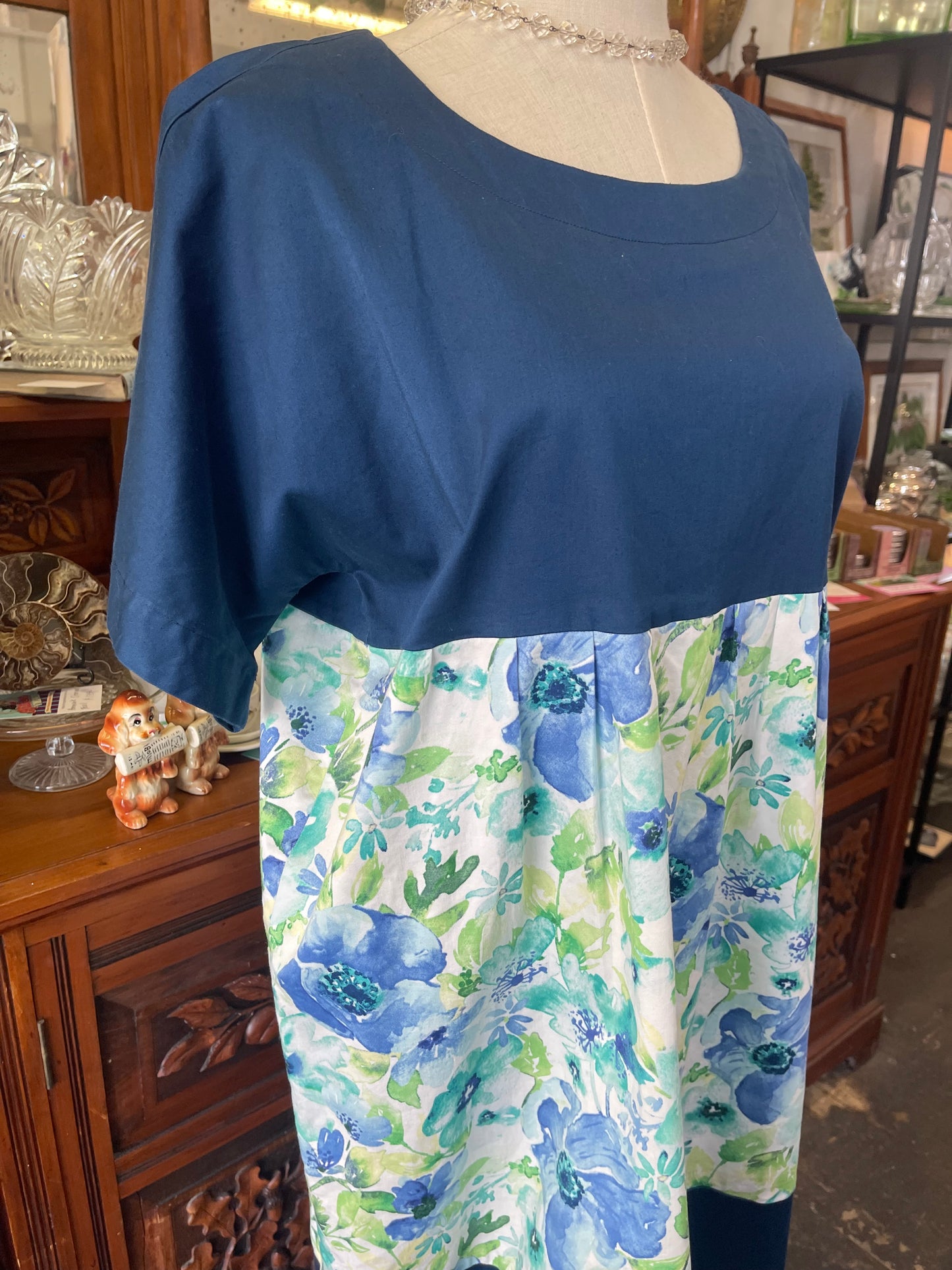 Handmade stretch cotton blue floral Dress Size 16-18
