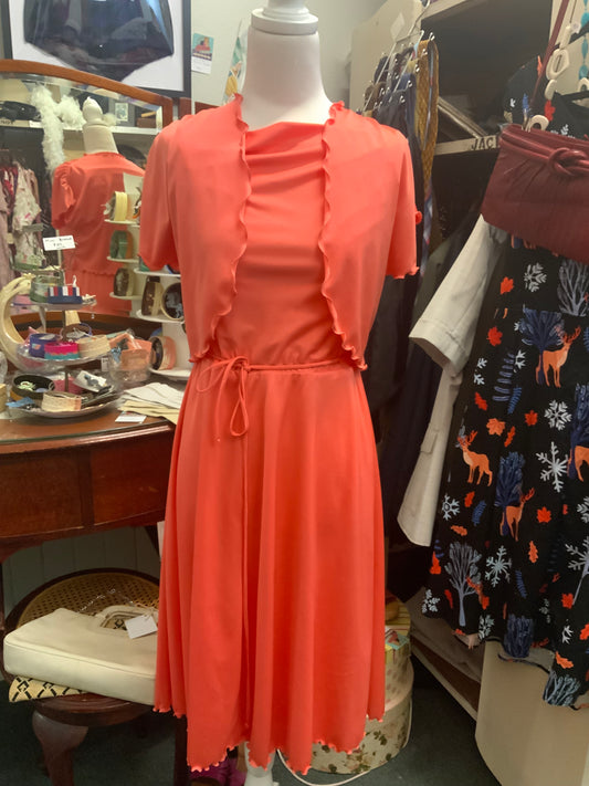 Vintage 1970s apricot polyester dress and bolero jacket Size 8 -10
