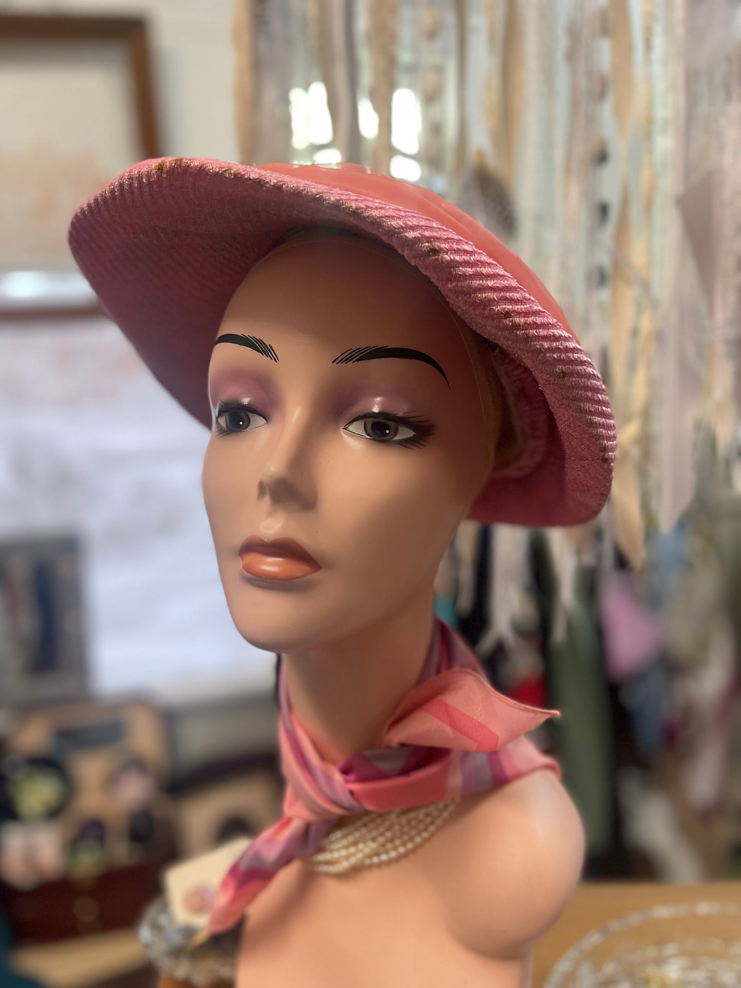 Vintage 1960s Pale pink hat with chiffon ribbon designed by Marcha