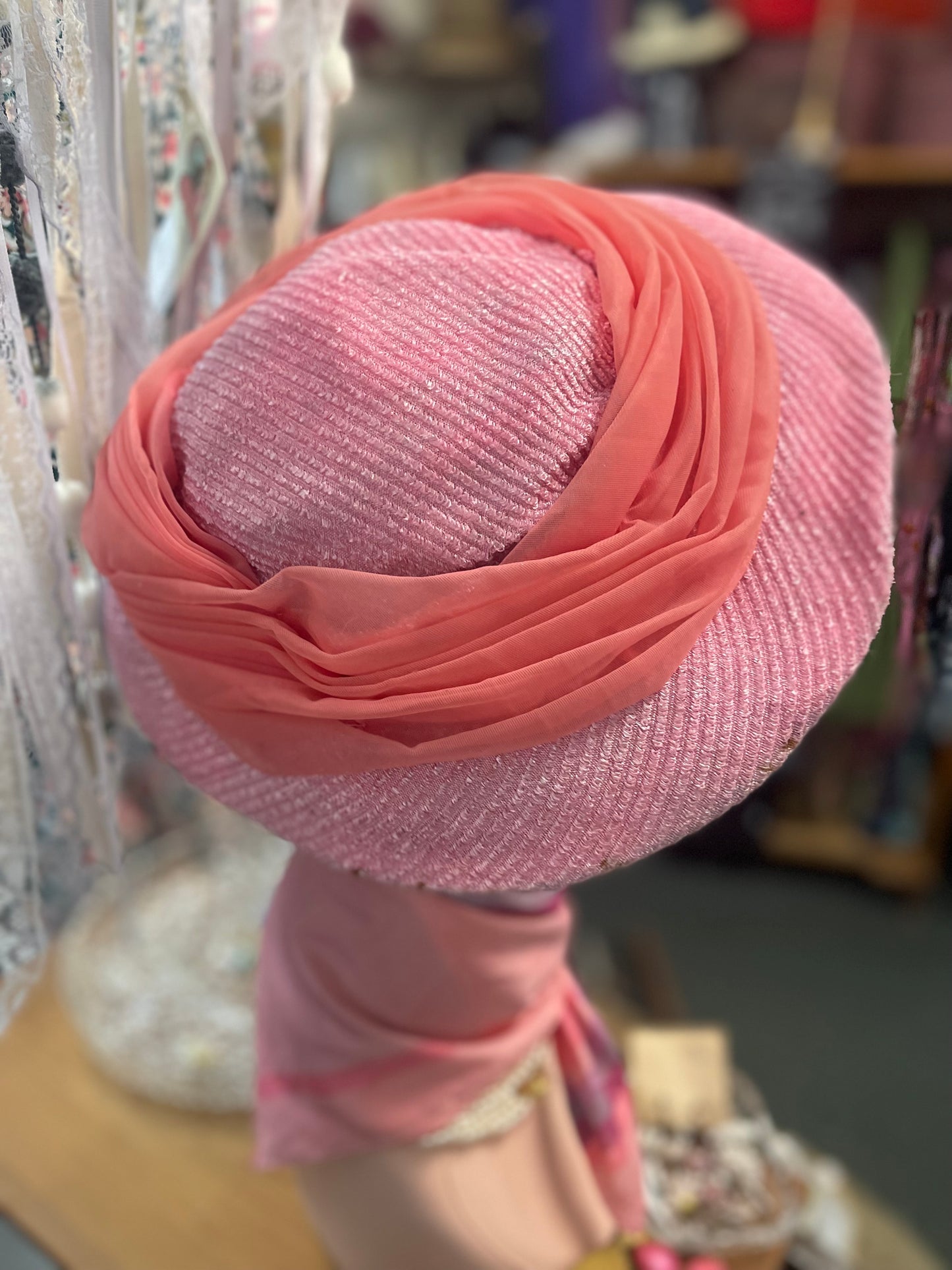 Vintage 1960s Pale pink hat with chiffon ribbon designed by Marcha