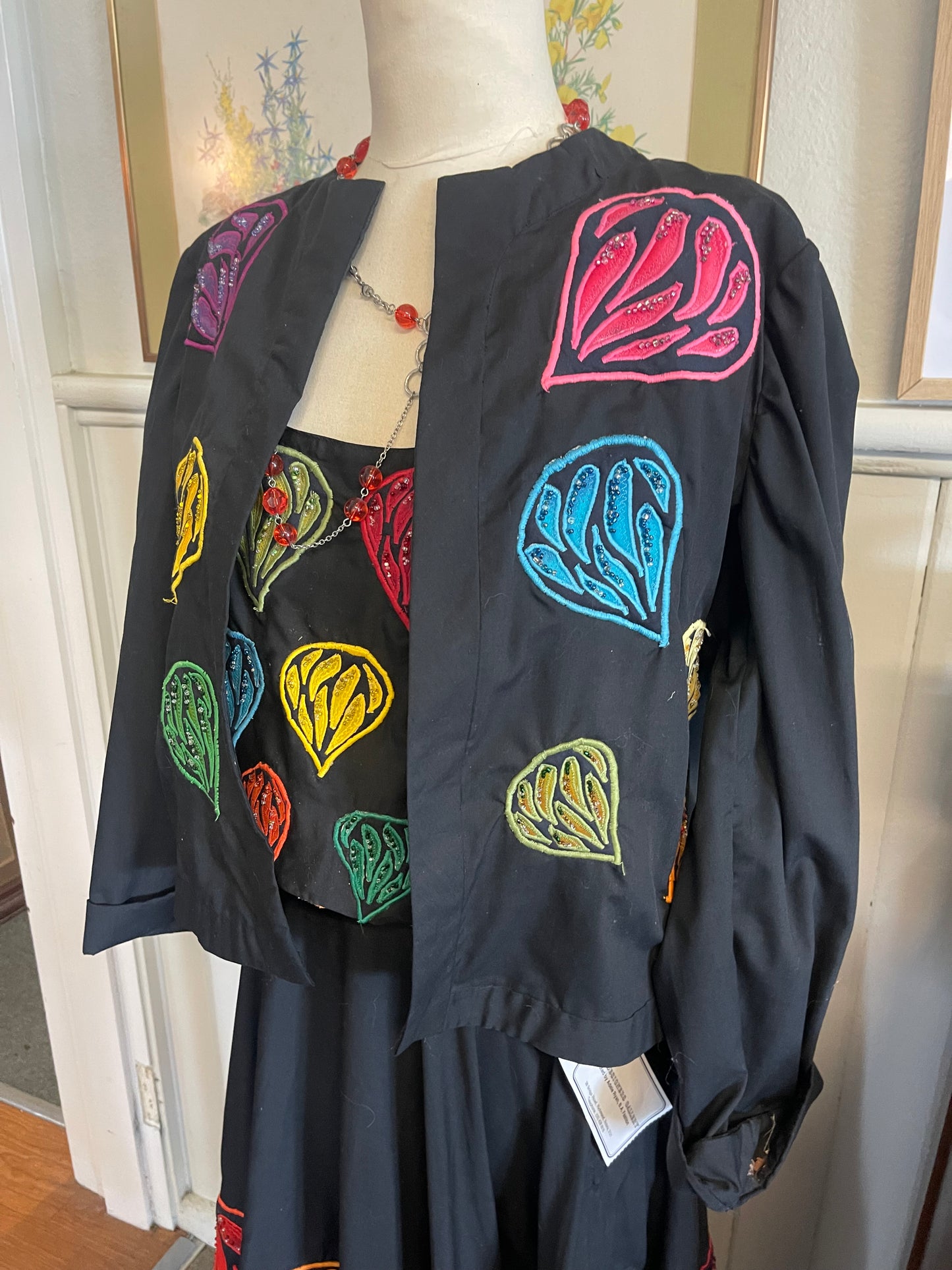 Vintage 80s 3 piece black cotton outfit with appliqué , size 8-10