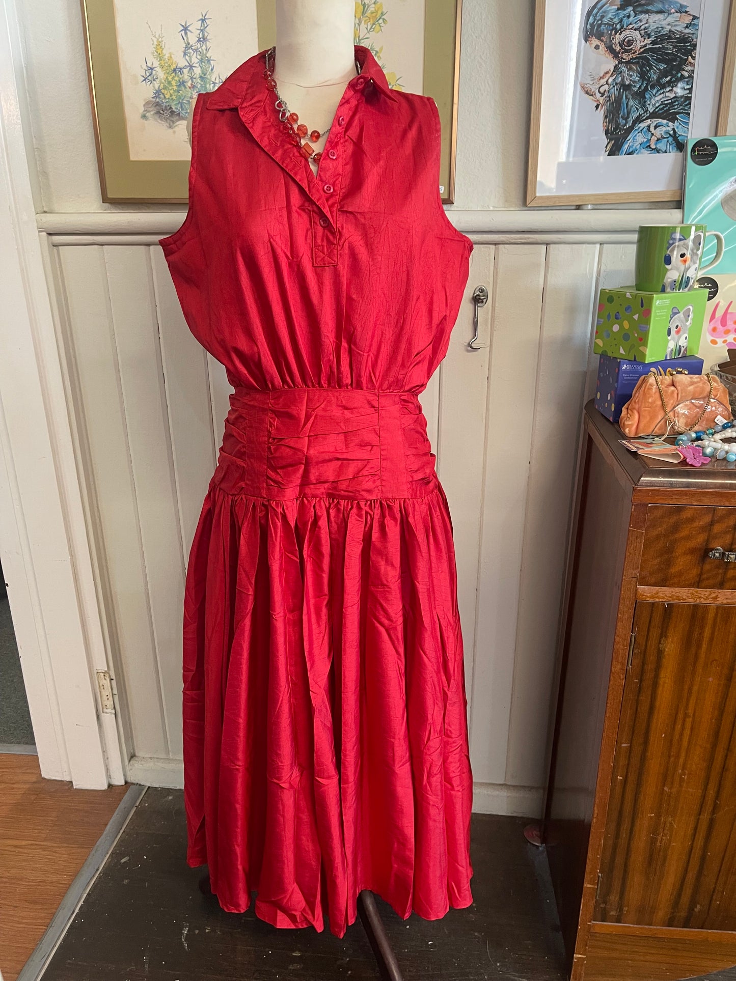 Vintage 1980s red satin dress with button back and drop waist size 12-14 by Keya, Flaunt it Australia