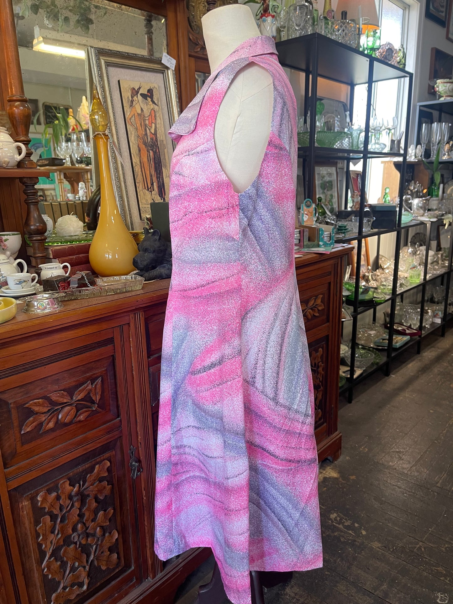 Vintage 70s pink polyester A-line sleeveless dress Size 14-16