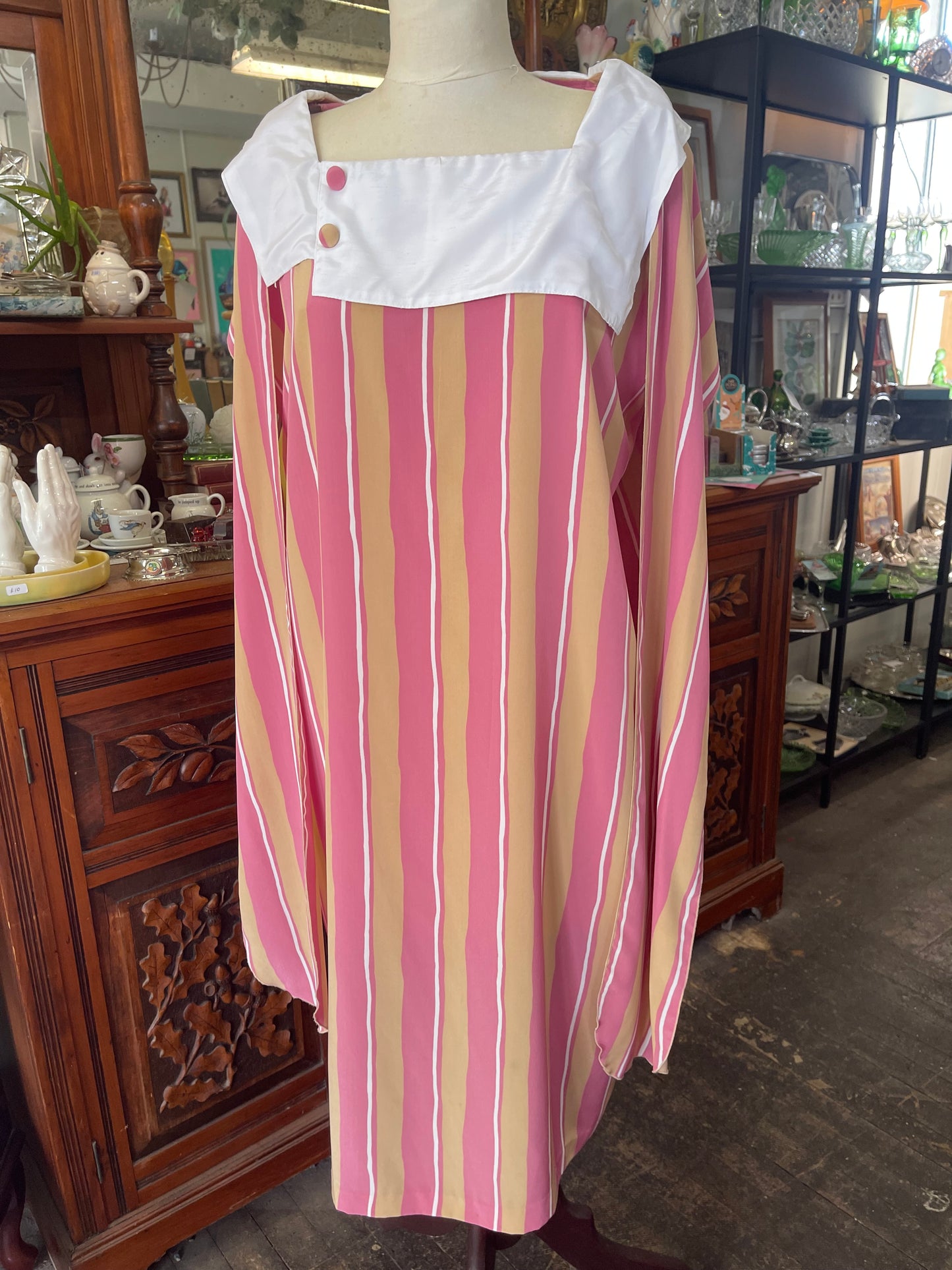 Vintage handmade 90s beige and pink striped sheath dress Size 16-18