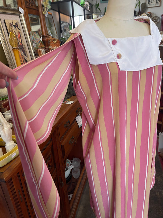 Vintage handmade 90s beige and pink striped sheath dress Size 16-18