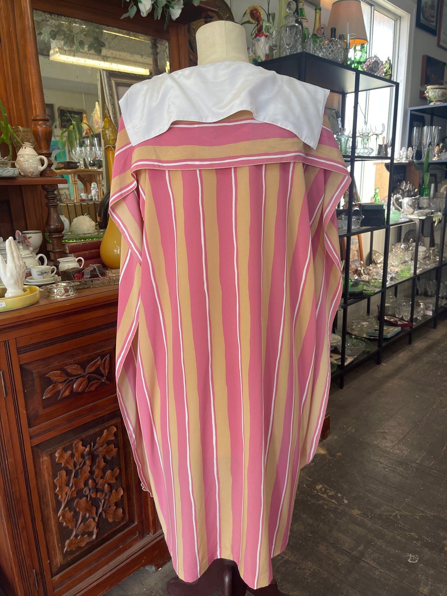 Vintage handmade 90s beige and pink striped sheath dress Size 16-18