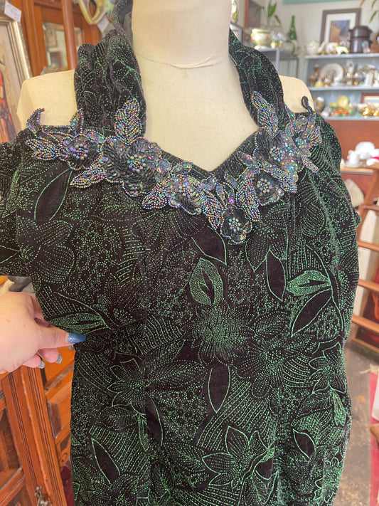 Vintage 80s black velvet with green glitter Dress Size 8