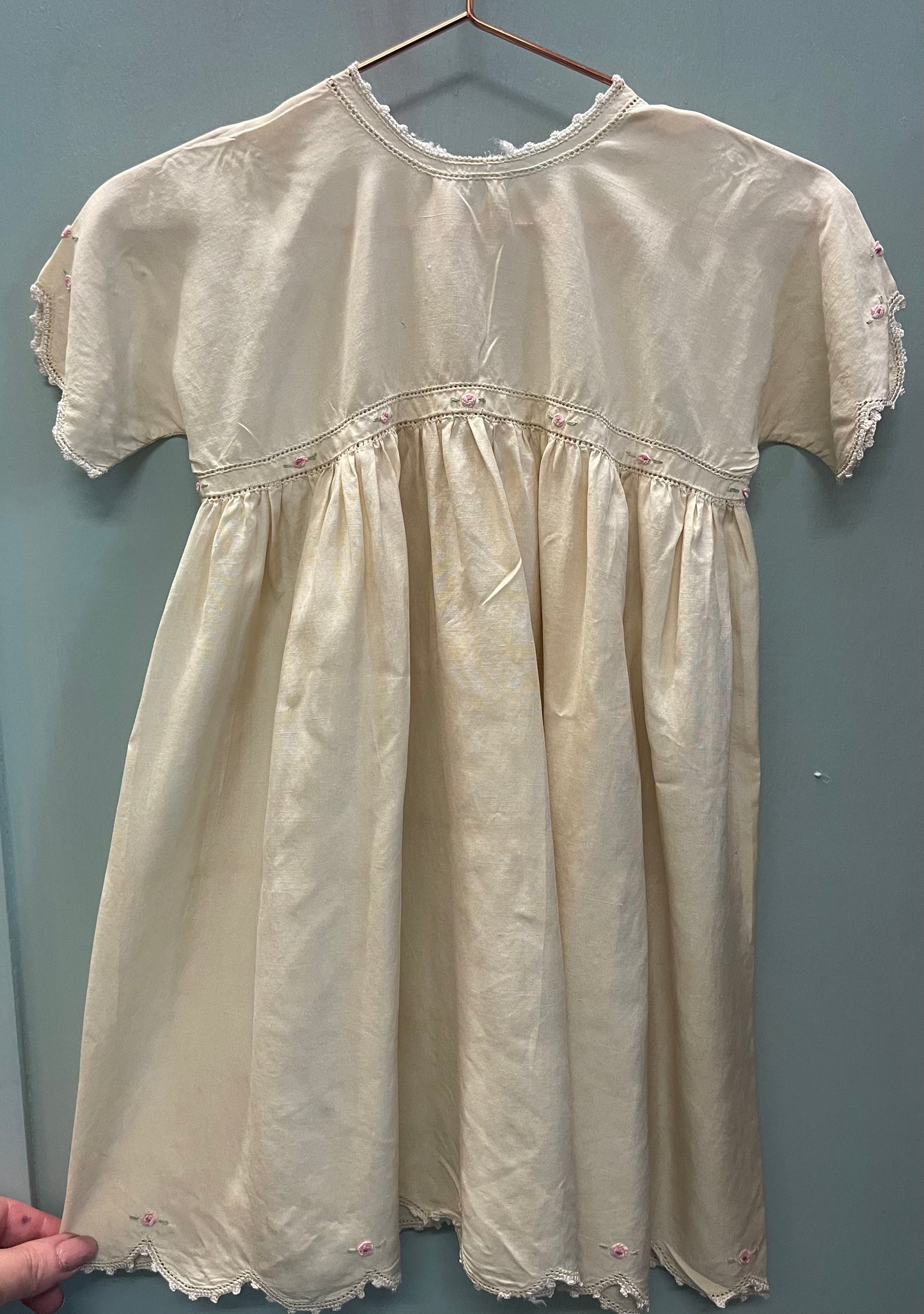Hand-Embroidered Baby Dress – 1930s Heirloom Rosebud Trim
