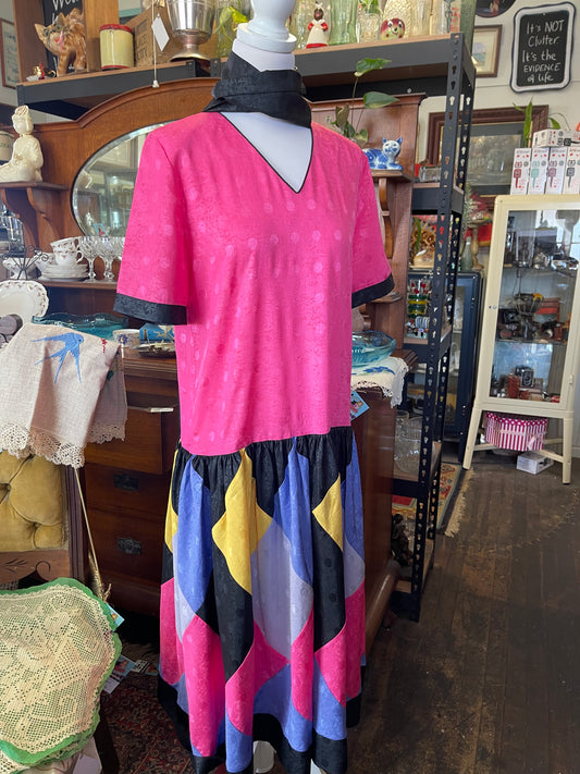 Vintage 1980s pink satin dress with harlequin skirt  size 10 by Keya, Gold Coast Australia