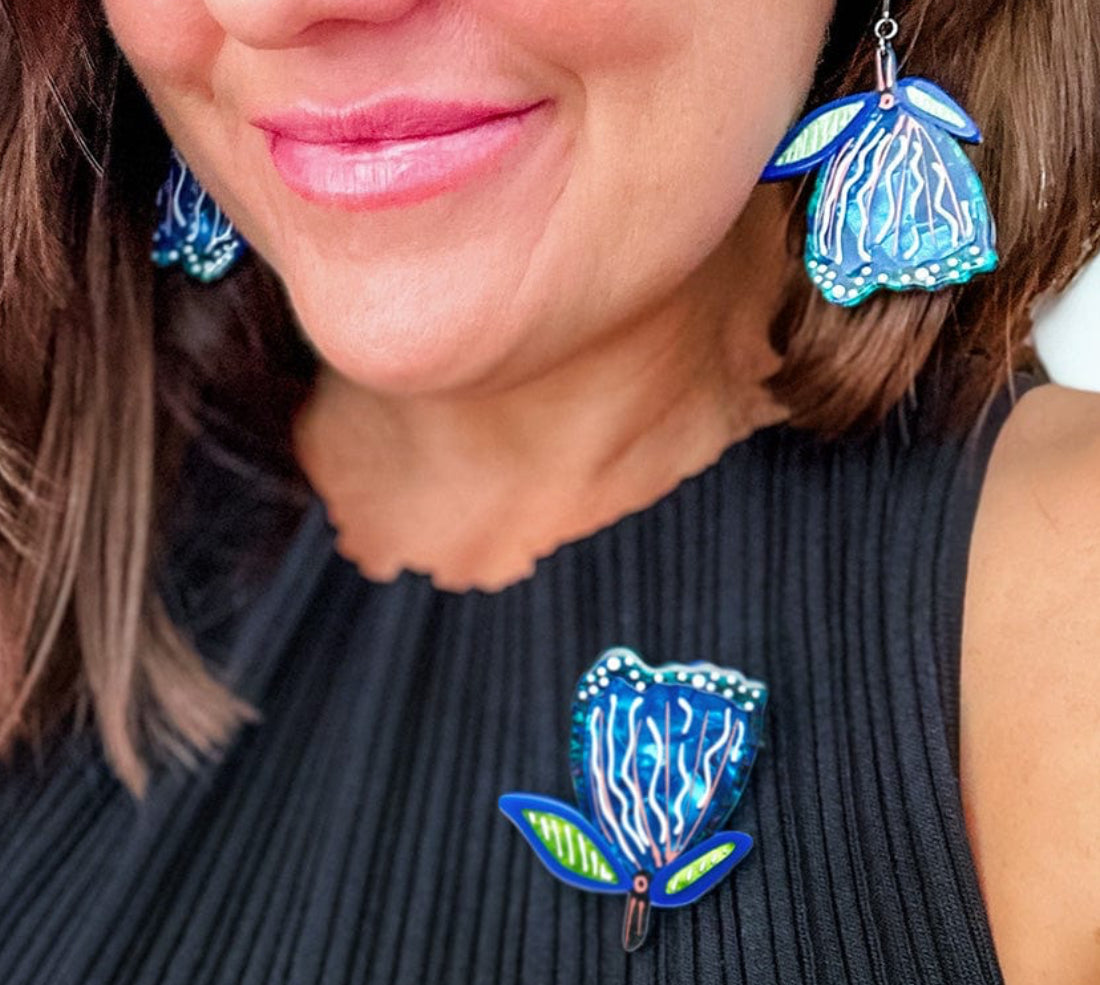 Fabled Flowering Gum Drop Brooch And earrings set by Erstwilder and Lauren Rogers