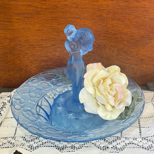 Czech Libochovice #1805 Lady Gathering Flowers Blue Glass Flower Frog & Bowl