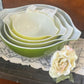 Set of 4 vintage Pyrex Cinderella nesting mixing bowls in olive and avocado greens