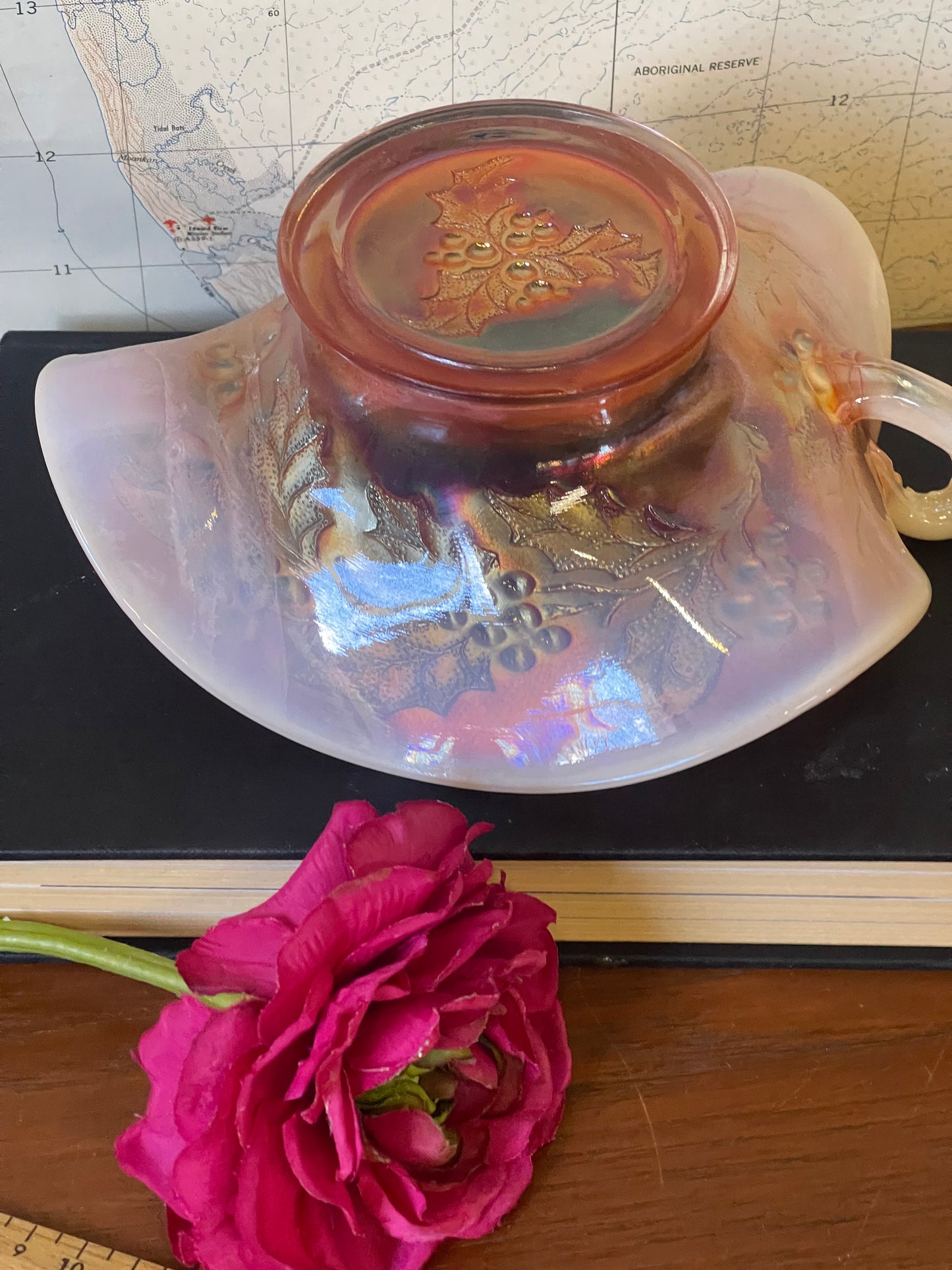 Vintage Carnival Glass Peach Opalescent Bowl with Handle: Holly Berry Pattern