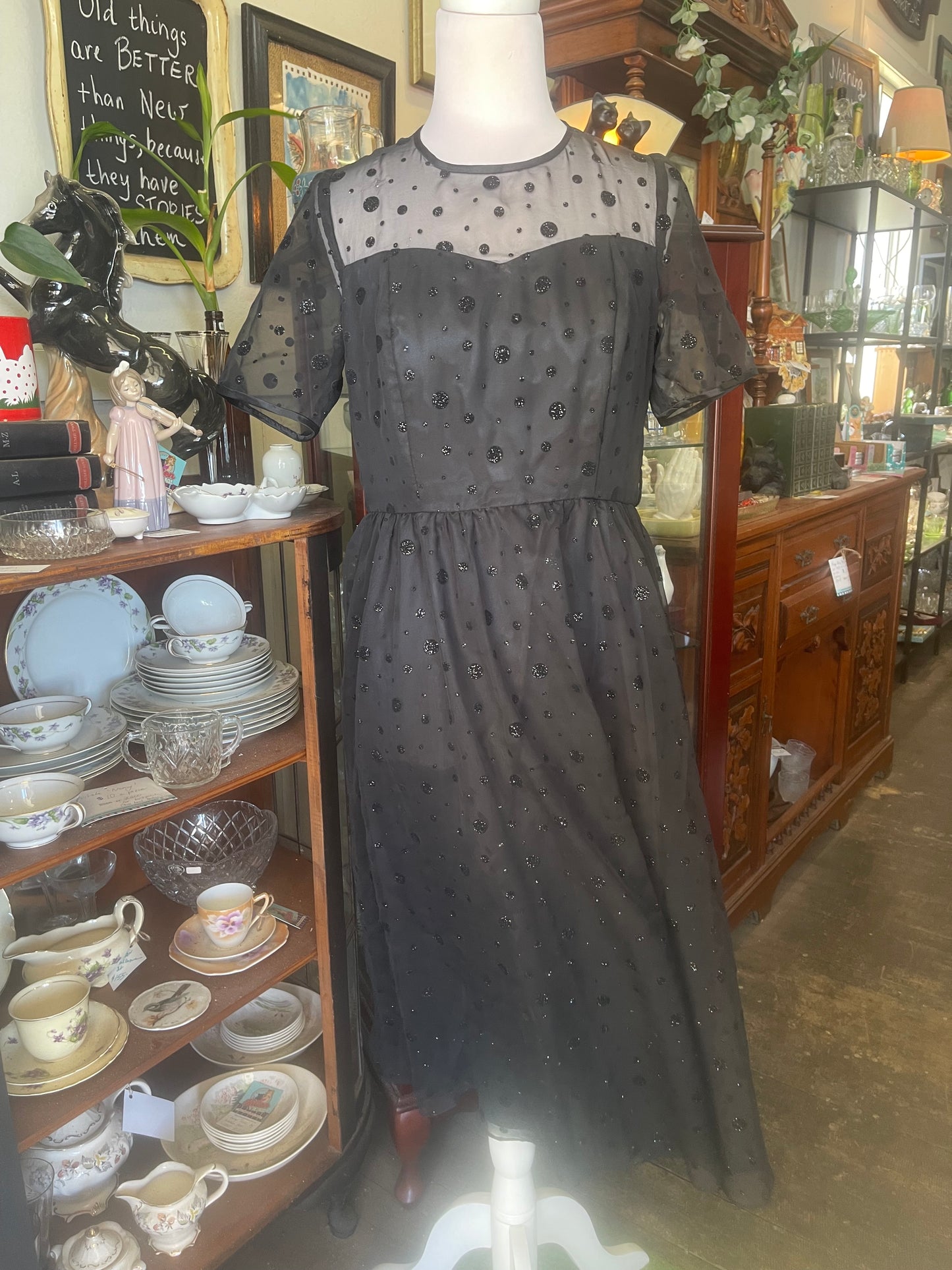 Vintage 1980s black flocked chiffon cocktail dress size 10 90cm Bust