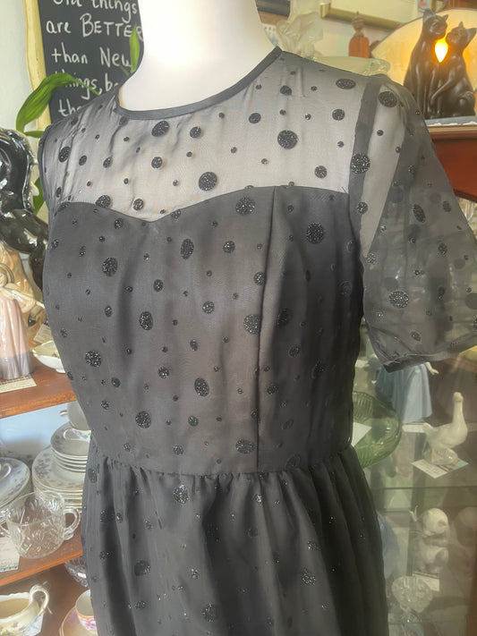 Vintage 1980s black flocked chiffon cocktail dress size 10 90cm Bust