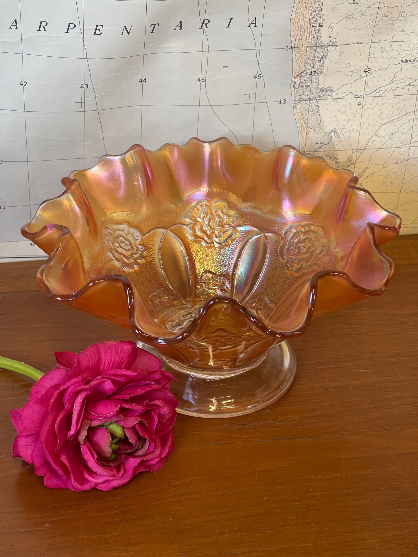 Vintage Dugan Fluted Carnival Marigold Depression Glass Dish