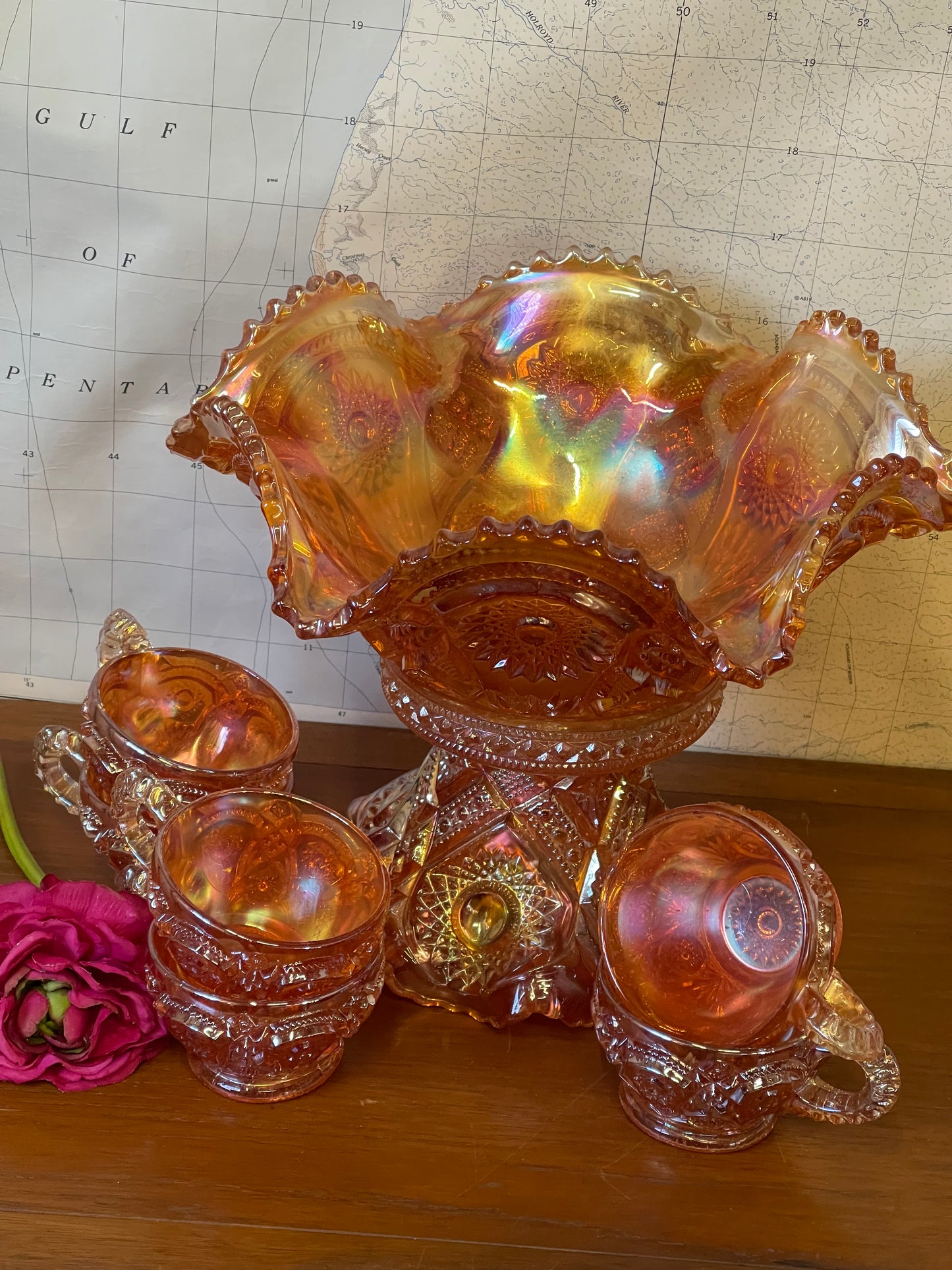 Antique Marigold Carnival Punch Bowl set by Imperial Glass Ohio