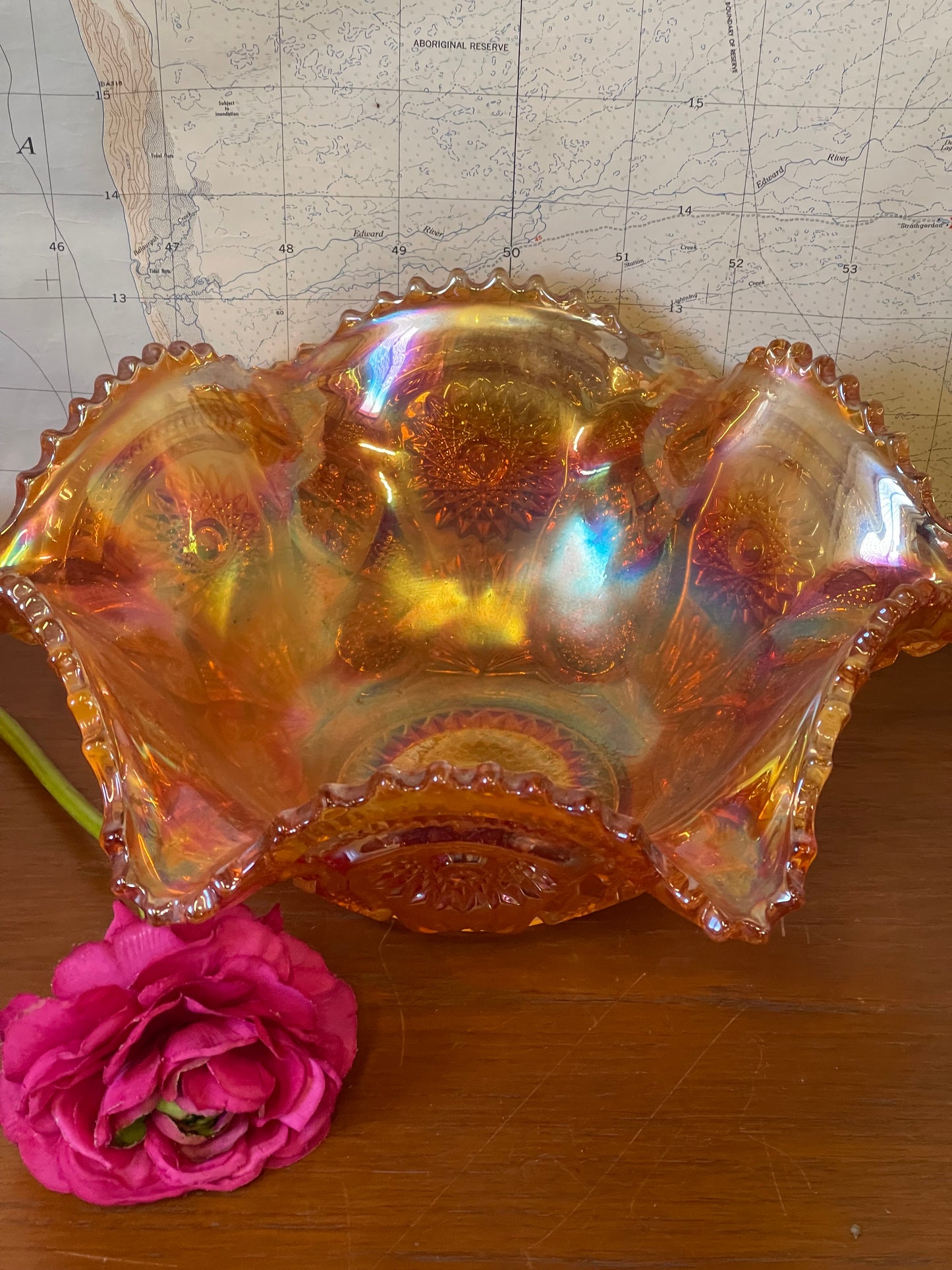 Antique Marigold Carnival Punch Bowl set by Imperial Glass Ohio