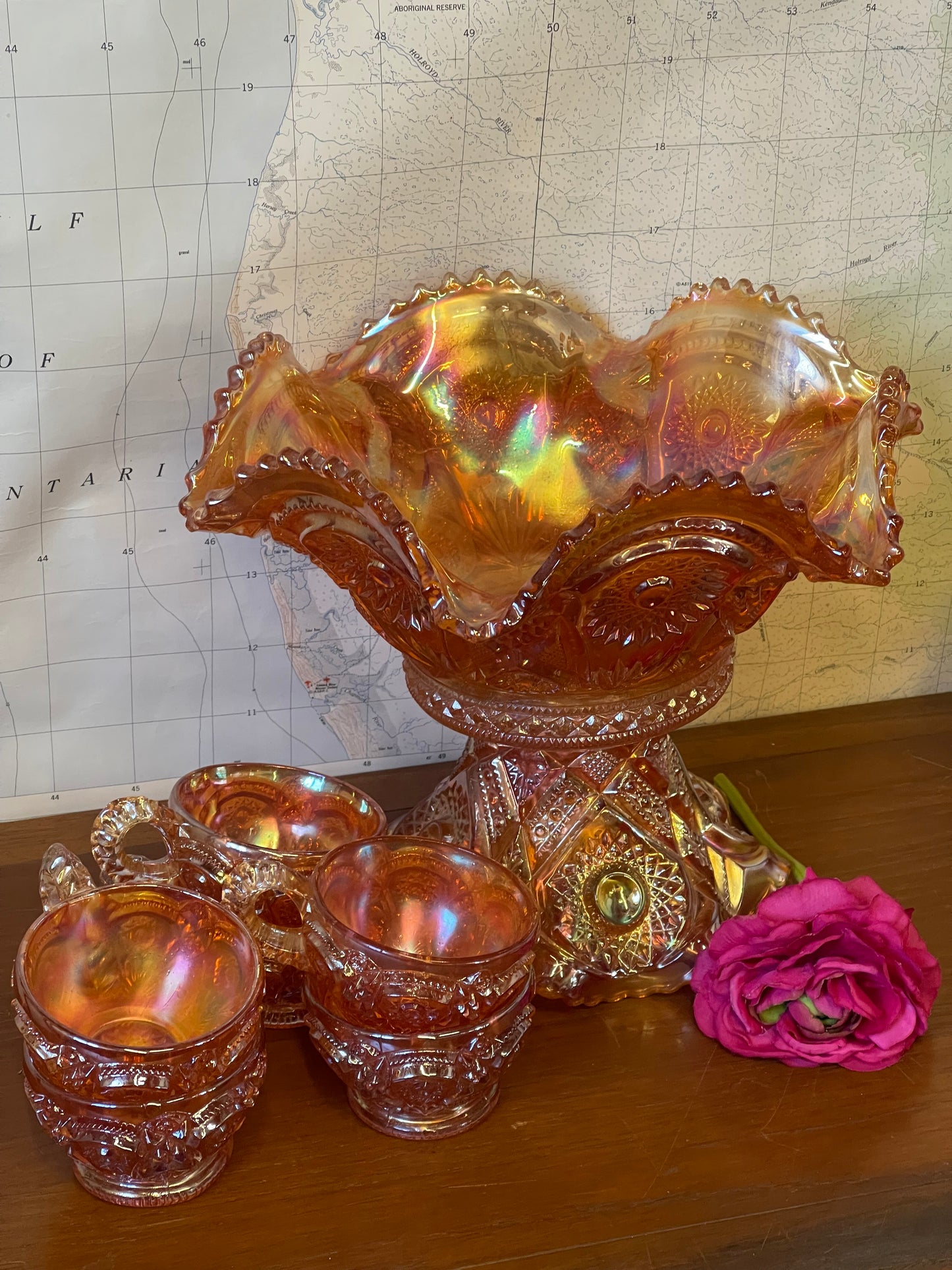 Antique Marigold Carnival Punch Bowl set by Imperial Glass Ohio