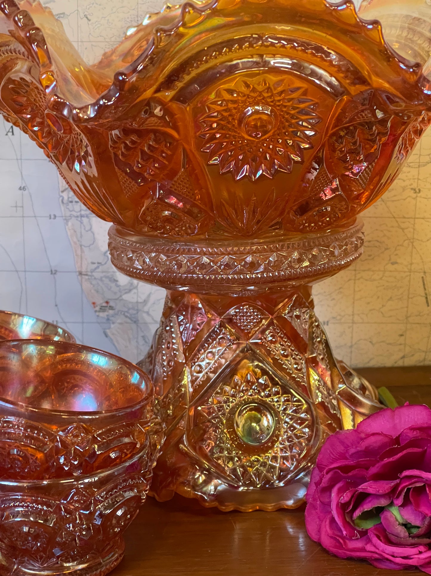 Antique Marigold Carnival Punch Bowl set by Imperial Glass Ohio