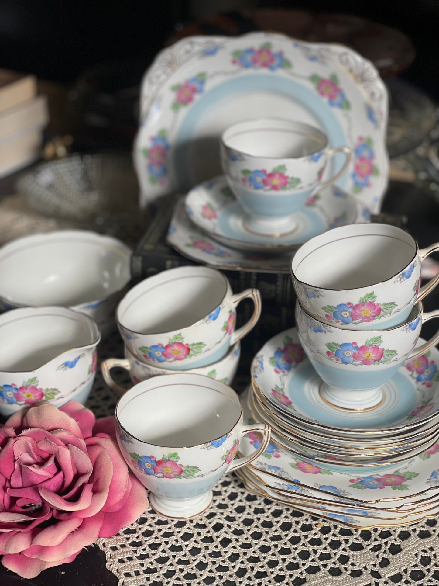 Set of six Vintage 1930s English Grafton Teacup Trio plus