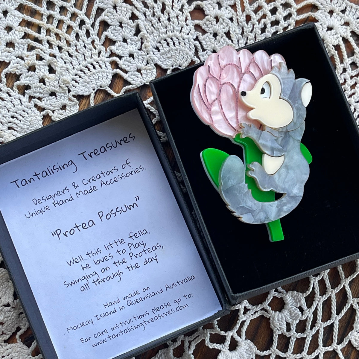 Tantalising Treasures Protea Possum Brooch – Handmade Queensland – Original Box
