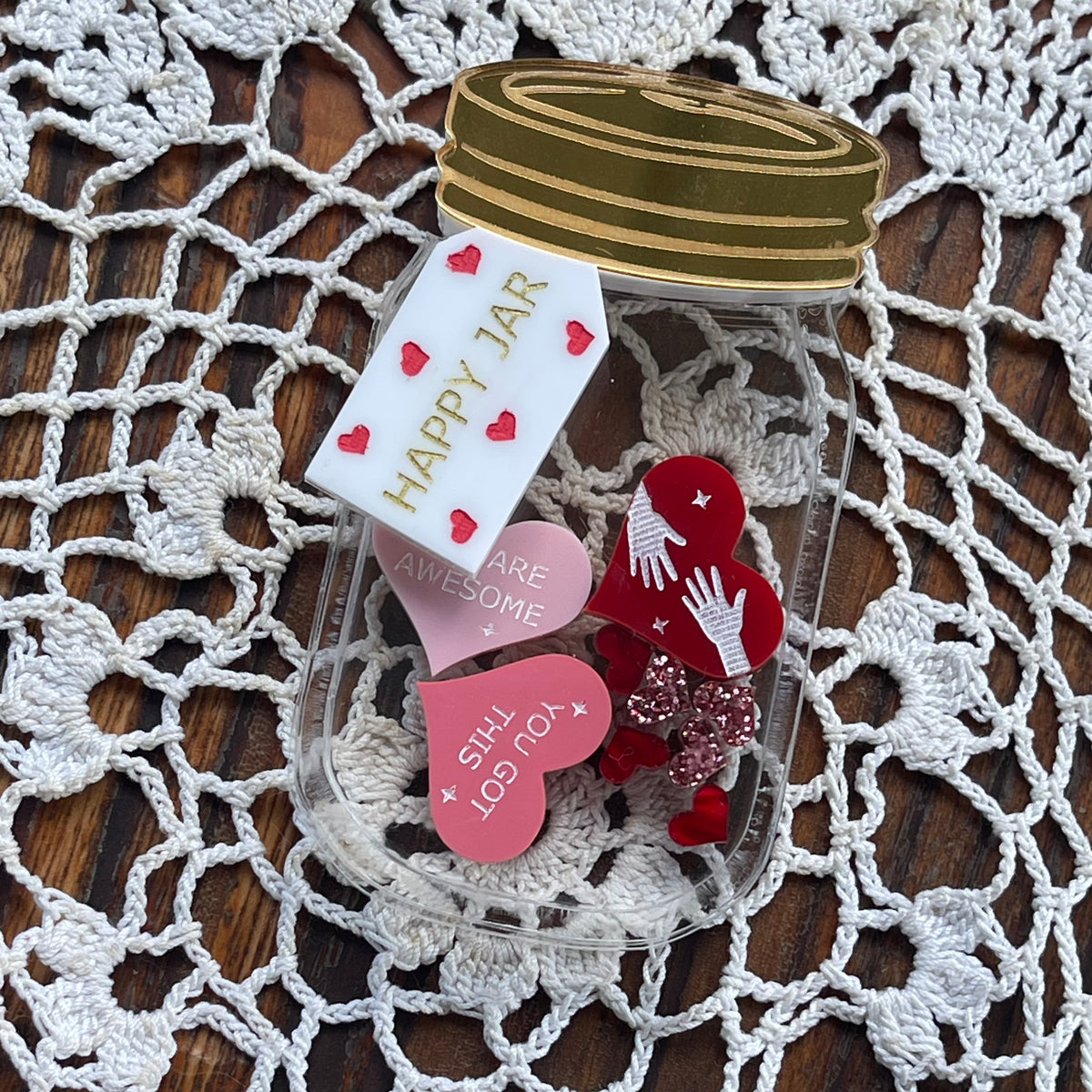 Mason Jar Hearts Acrylic Brooch – Australian Wearable Art