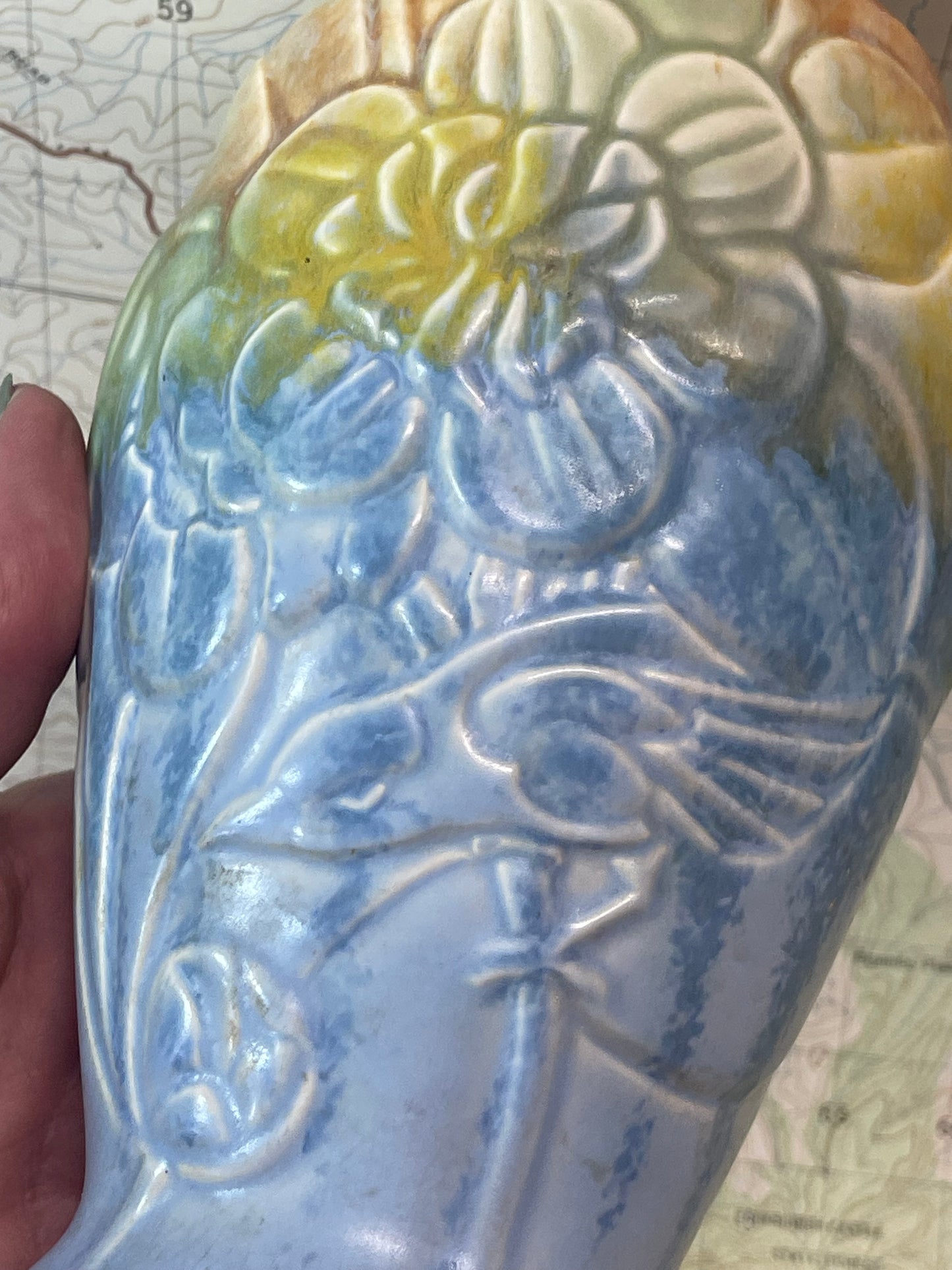Vintage Art Nouveau Style Relief Pottery Vase – Floral Design
