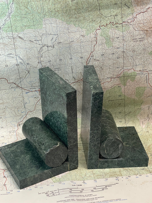 Vintage Green Marble Bookends – Modernist Geometric Design