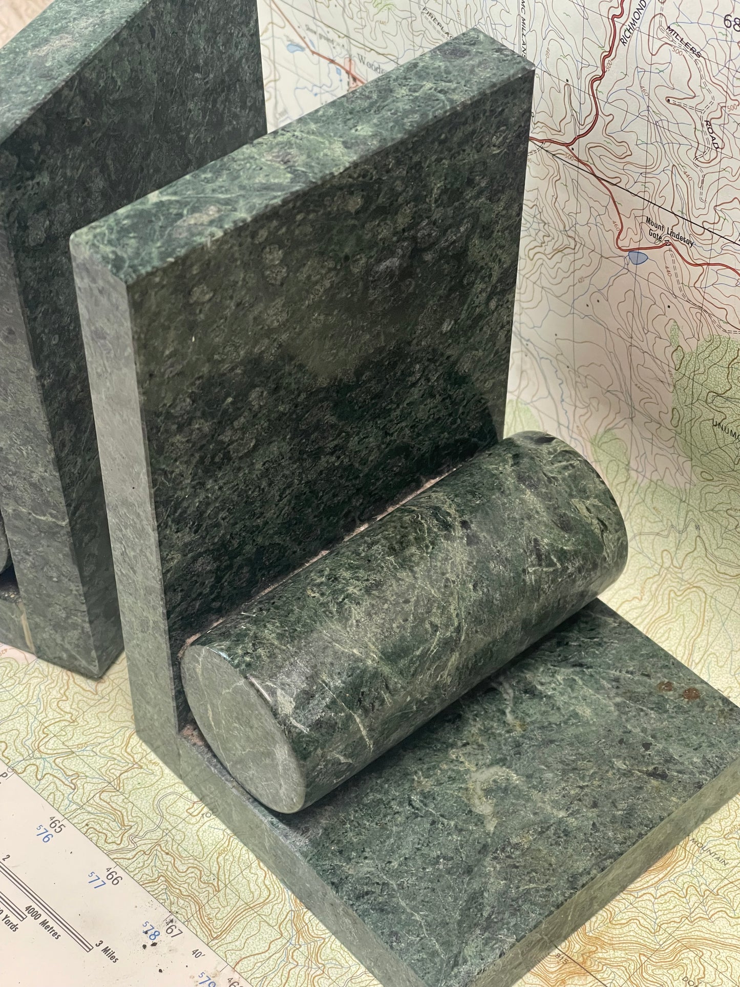 Vintage Green Marble Bookends – Modernist Geometric Design
