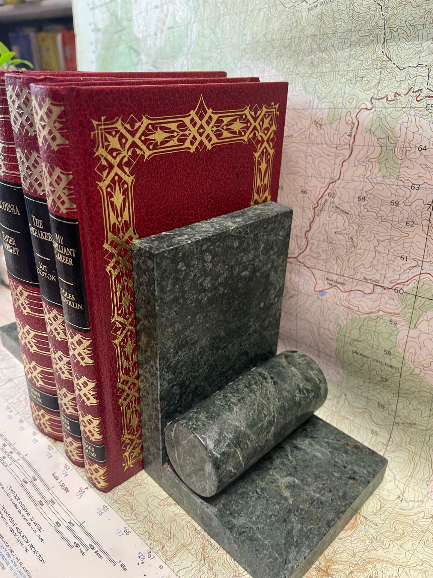 Vintage Green Marble Bookends – Modernist Geometric Design