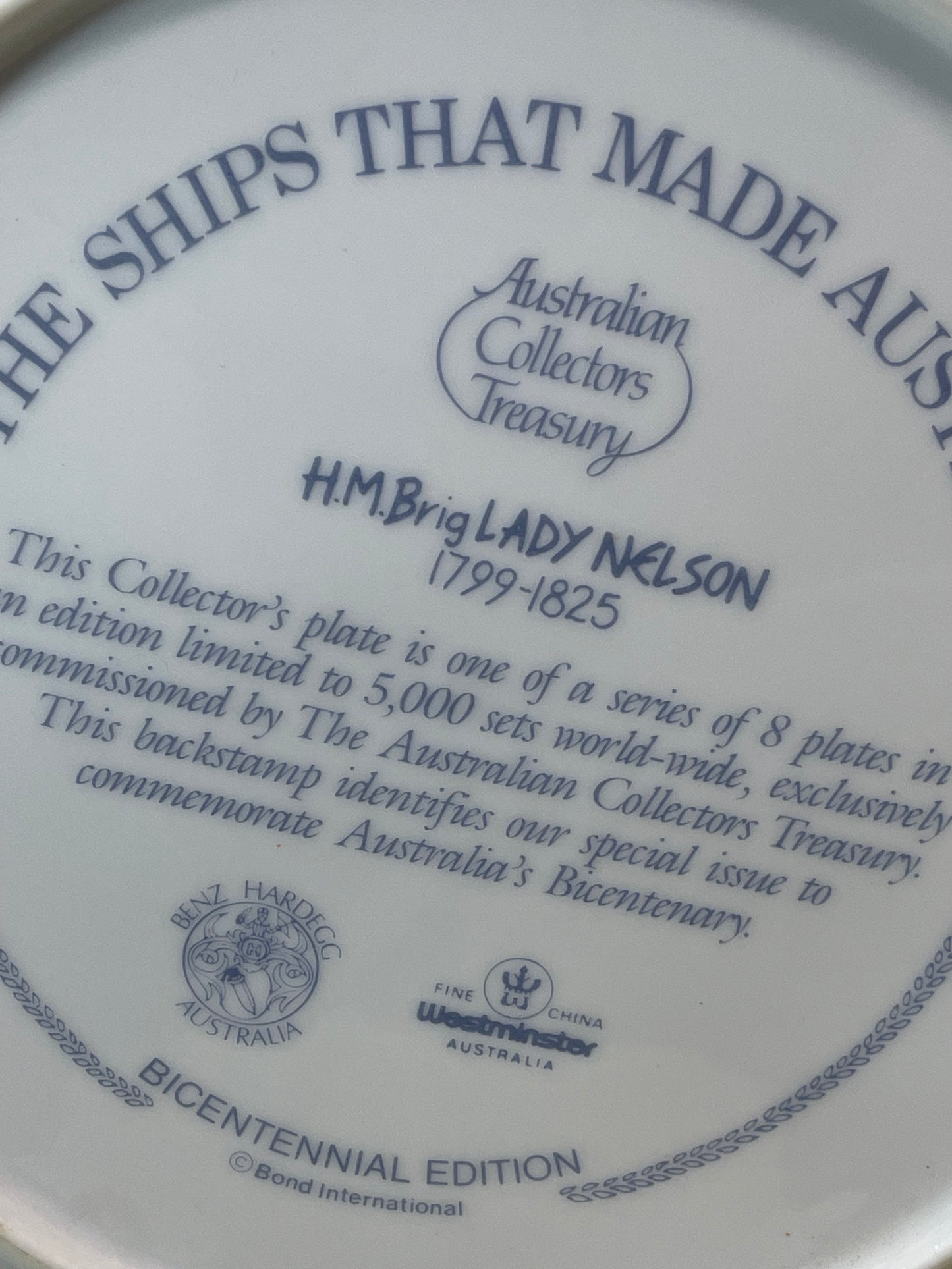 “Lady Nelson” Australian Bicentenary Collector Plate – Dennis Adams