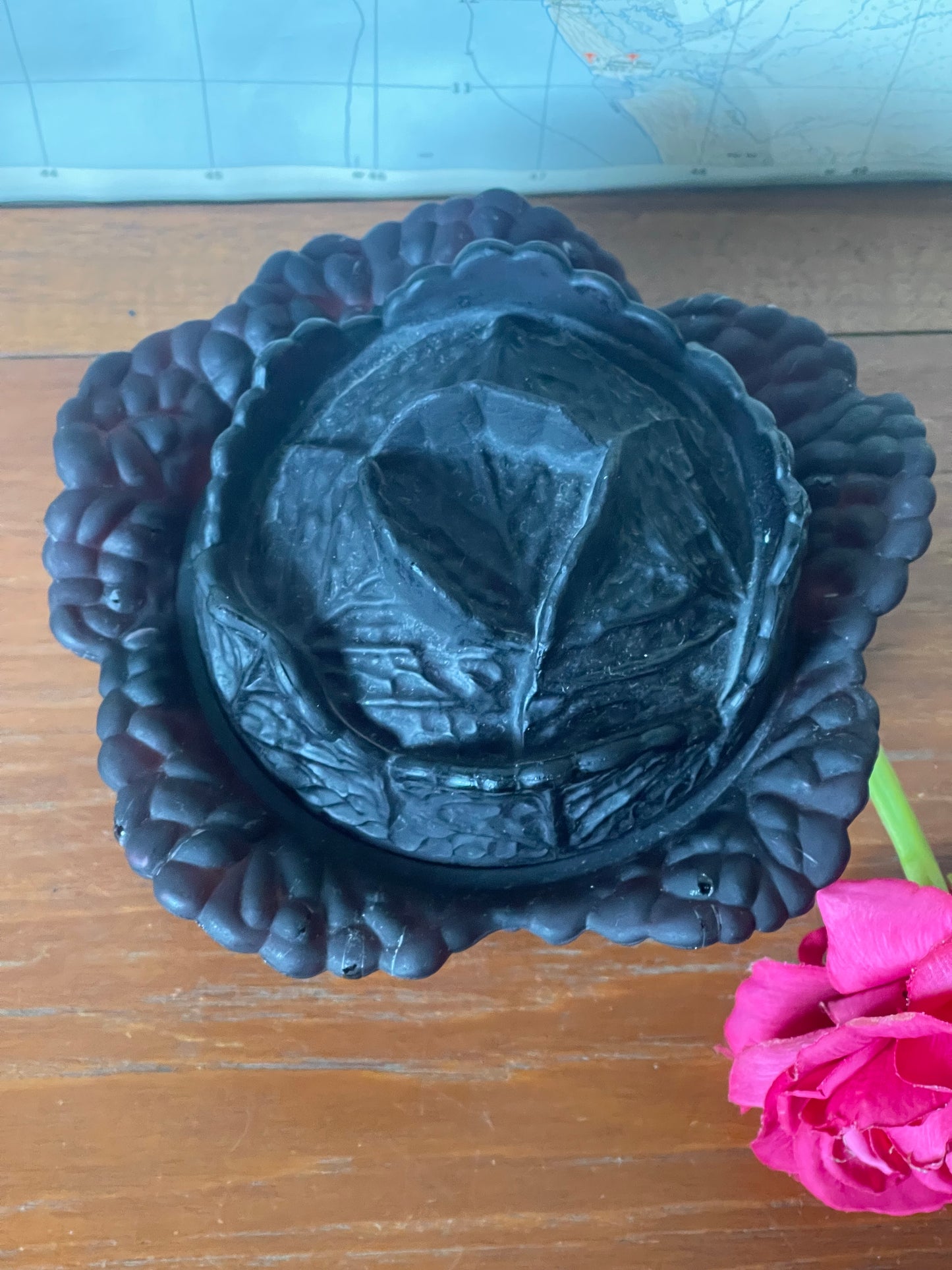 Vintage Black Amethyst Purple Cabbage Glass Bowl with Lid