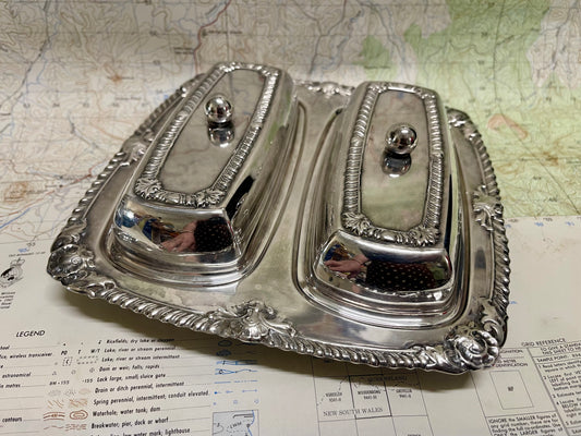 Vintage Silverplate Double Butter Dish Set with Tray - Atlanta Plate by Paramount (c.1940s–1950s)