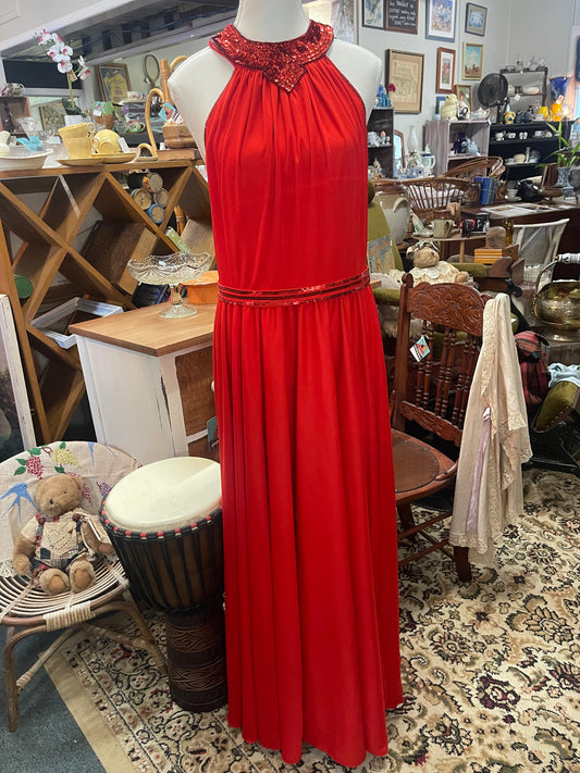 Vintage 1970s red sequin and polyester evening disco dress size 14 made in England