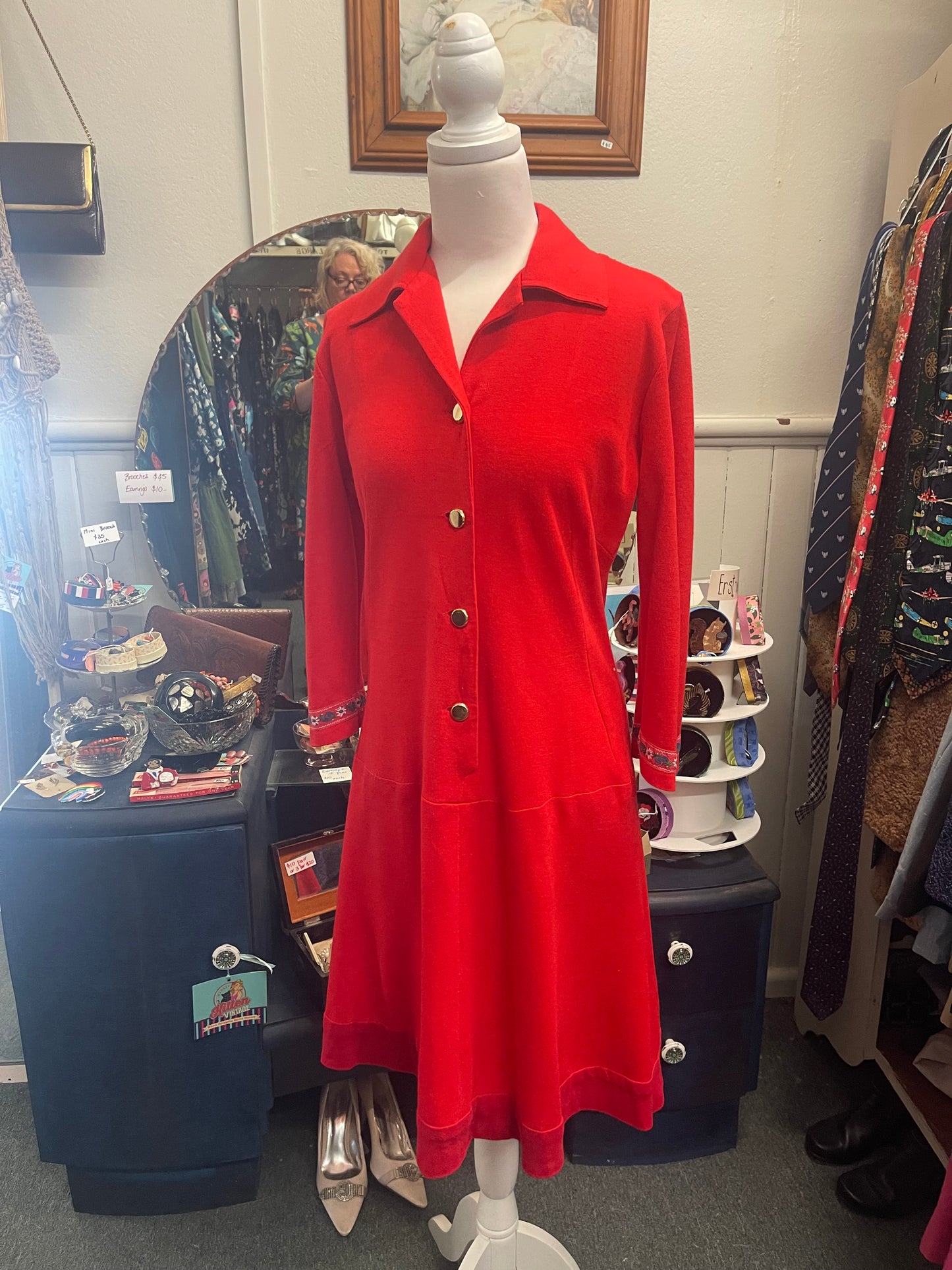 Vintage 70s red wool jersey shirt waist dress, size 10-12