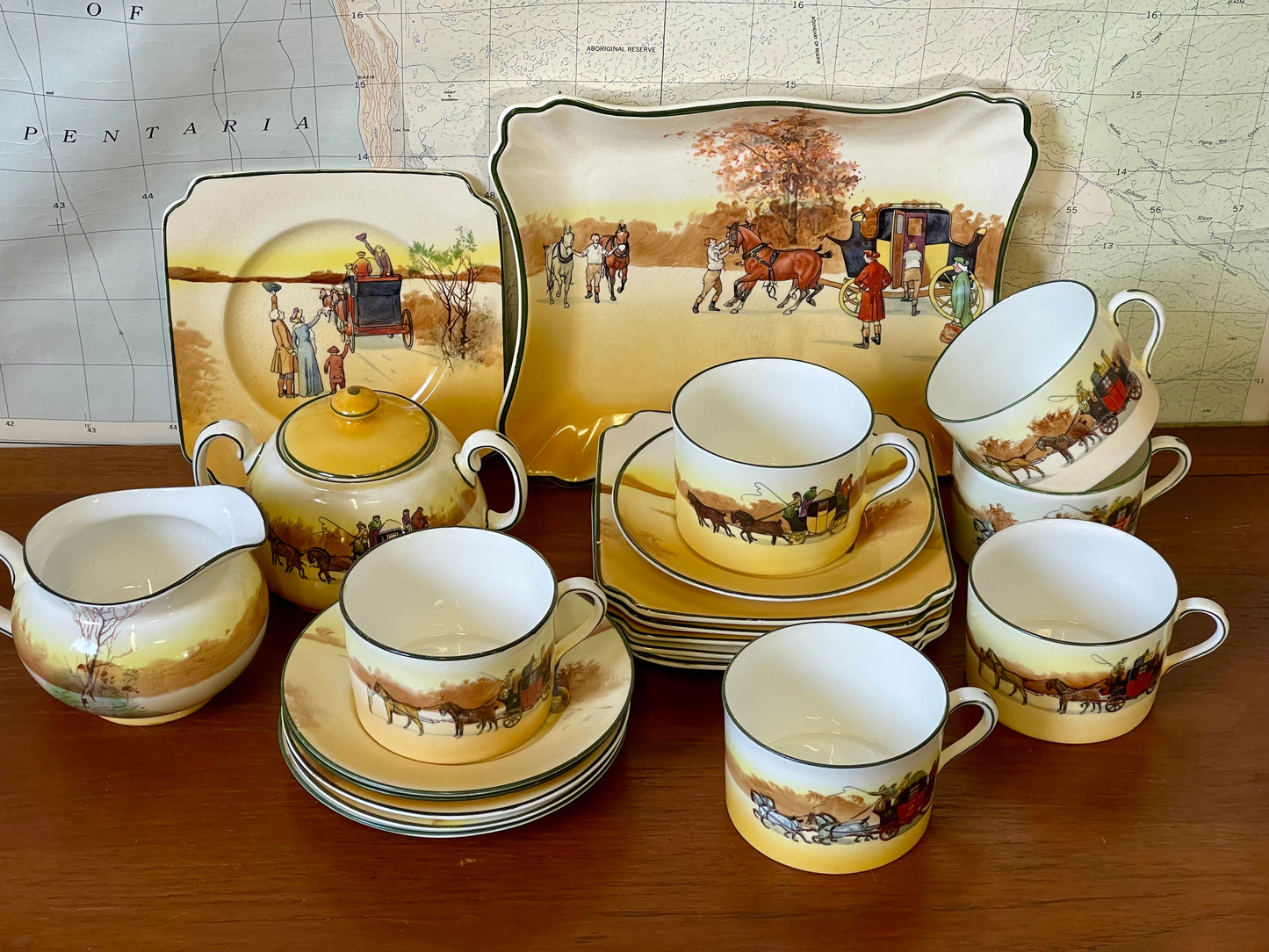 Vintage 1930s Royal Doulton Yellow Door Coaching Days Tea Set for Six