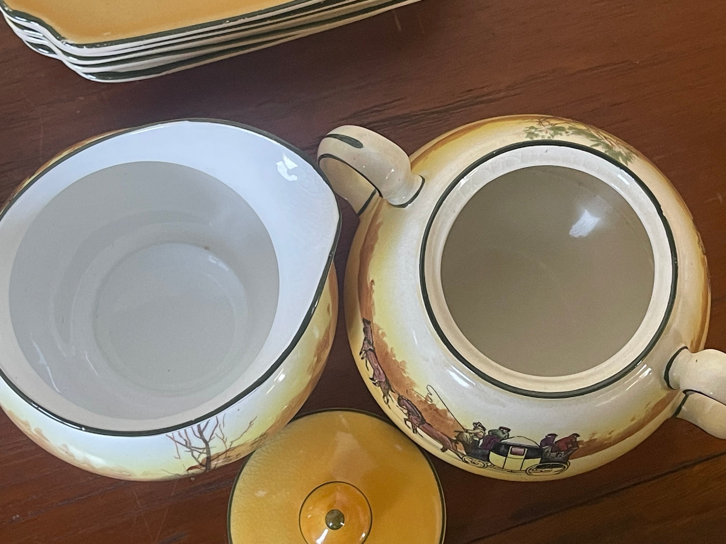 Vintage 1930s Royal Doulton Yellow Door Coaching Days Tea Set for Six