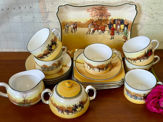 Vintage 1930s Royal Doulton Yellow Door Coaching Days Tea Set for Six