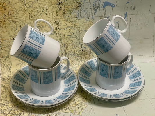 Blue Pattern Espresso Cups & Saucers — Set of 4 (1980s)