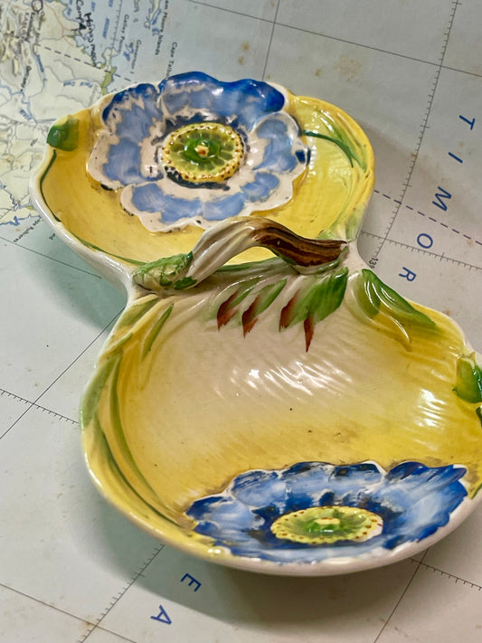Vintage Japanese Peony Ware Double Floral Dish (c.1940s–50s)