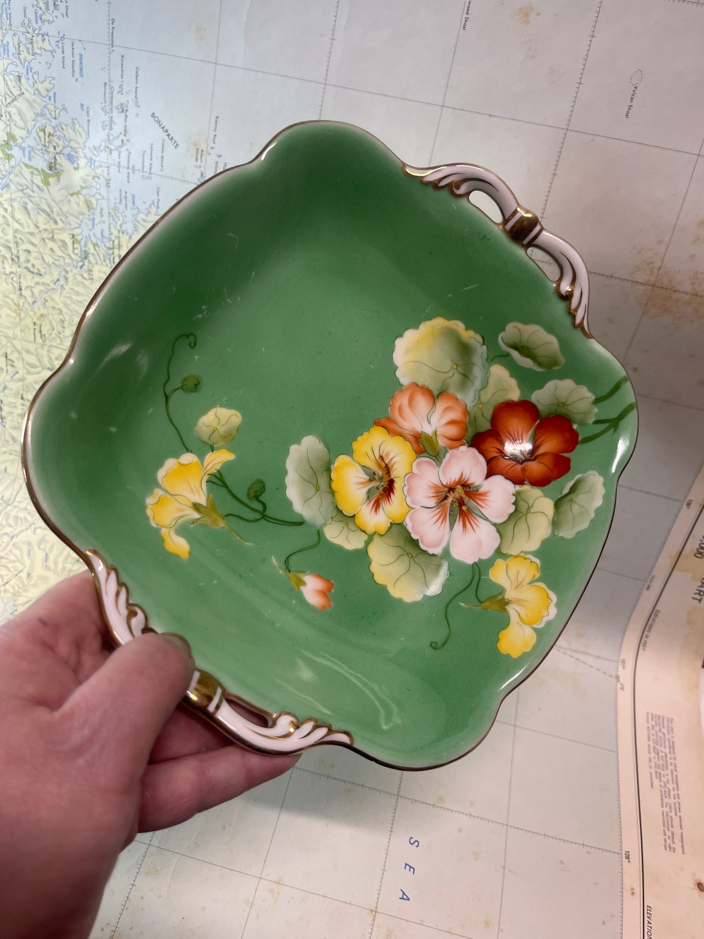 Vintage Noritake Hand-Painted Green Floral Serving Dish (c.1940s–50s)