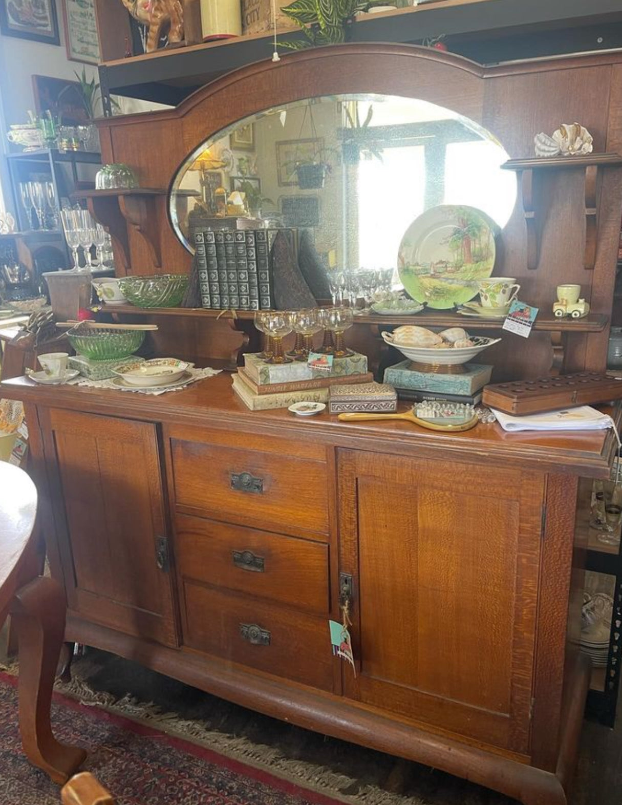 Antique 1920s Oval Silky Oak timber sideboard with mirror