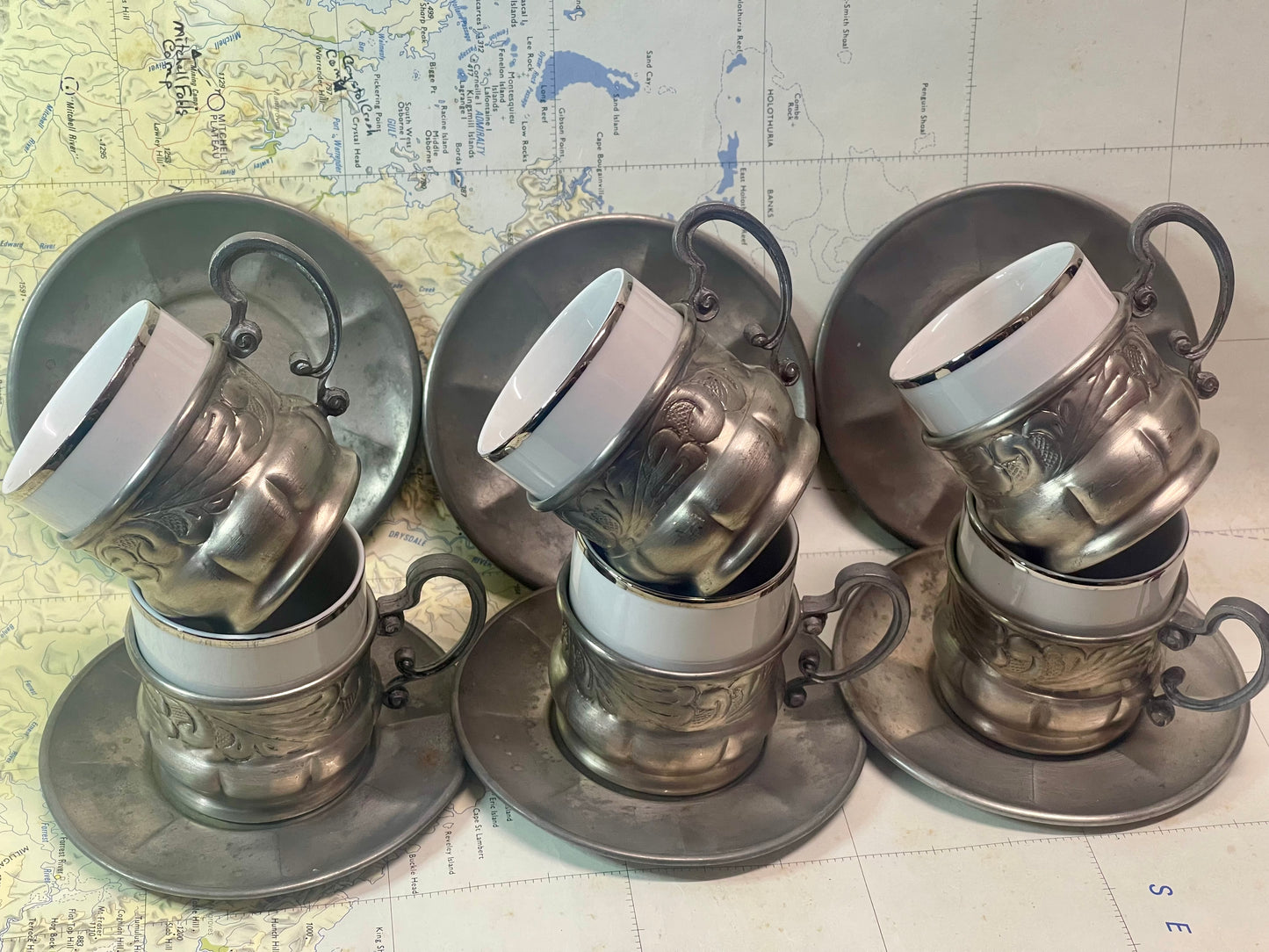 Vintage Rosenthal Demitasse Set with Pewter Holders — Set of Six (c.1950s–70s)