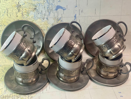 Vintage Rosenthal Demitasse Set with Pewter Holders — Set of Six (c.1950s–70s)