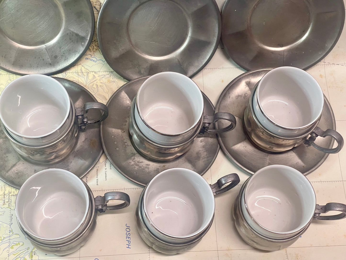 Vintage Rosenthal Demitasse Set with Pewter Holders — Set of Six (c.1950s–70s)