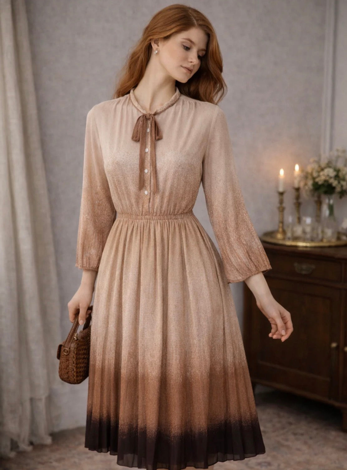 Vintage 1970s Cream & Cocoa Ombré Shirtwaist Dress (Size 10–12)
