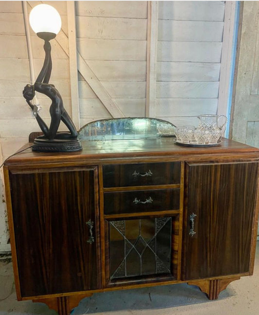 Vintage 1940s Walnut Veneer sideboard with small mirror and leadlight